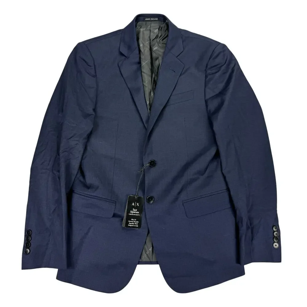 Armani Exchange Mens Slim Fit 100% Wool Sharkskin Suit Jacket Dark Blue 36R